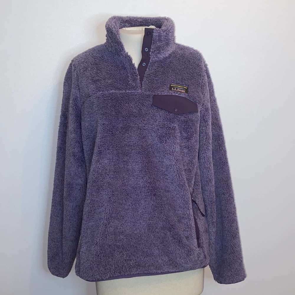 L.L.Bean Medium Muted Purple Hi-Pile Fleece Jacket Zip Pockets 1/2 snap button